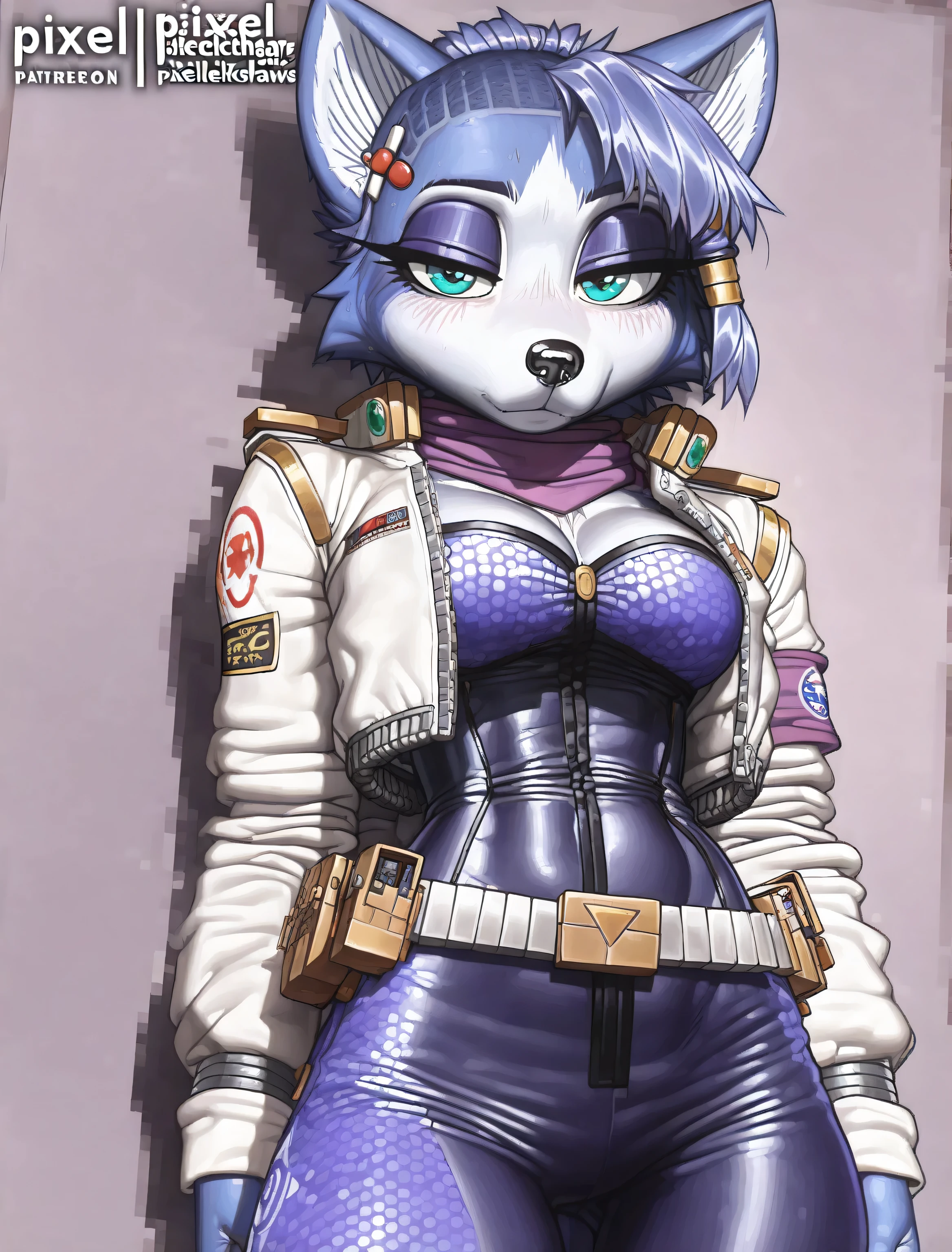 ((Krystal)), ((Starfox)), ((pixelsketcher)), ((wamudraws)), ((masterpiece)), ((high resolution)), ((cartoon style)), ((solo portrait)) {(attractive figure), (toned body), (slim waist), (blue fur), (black nose), (pointed fox ears), (blue hair), (side bang), (buzzcut fade hairstyle), (hair accessories), (turquoise eyes), (half lidded eyes), (indigo eyeshadow), (long eyelashes), (calm look)}, {(navy blue jumpsuit), (white jacket with starfox logo on sleeve), (navy blue pants), (purple scarf), (utility belt)}, {(looking at viewer)}, ((military base))