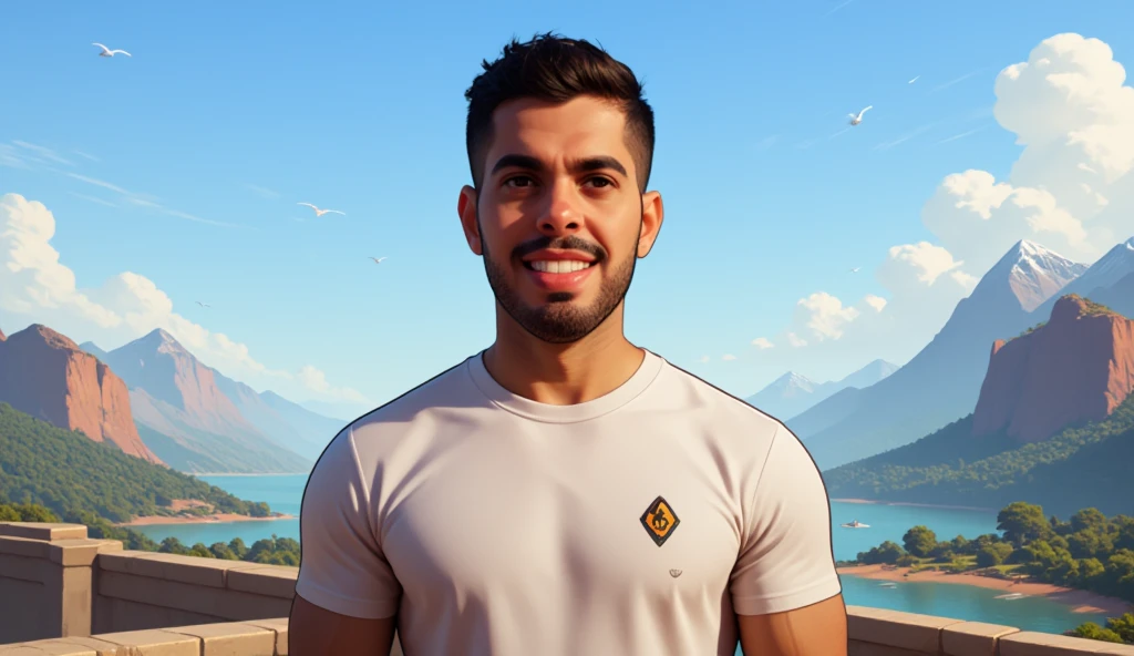  Illustration of a man with a discreet smile, Wearing GTA 5 style t-shirt ,  smiling happily at the camera ,  drawing in 3d art style  , C4D, GTA 5 style background landscape  ,  Super detailed illustration rendering , 8k