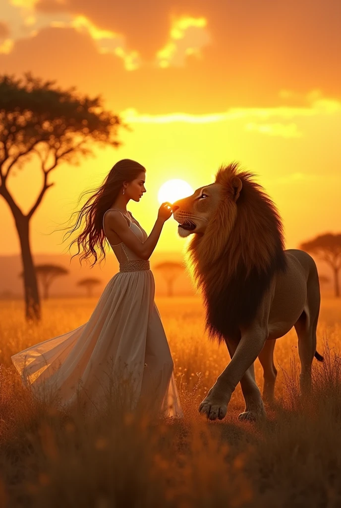 a beautiful curvy woman with dark skin in a red dress riding a lion in a field