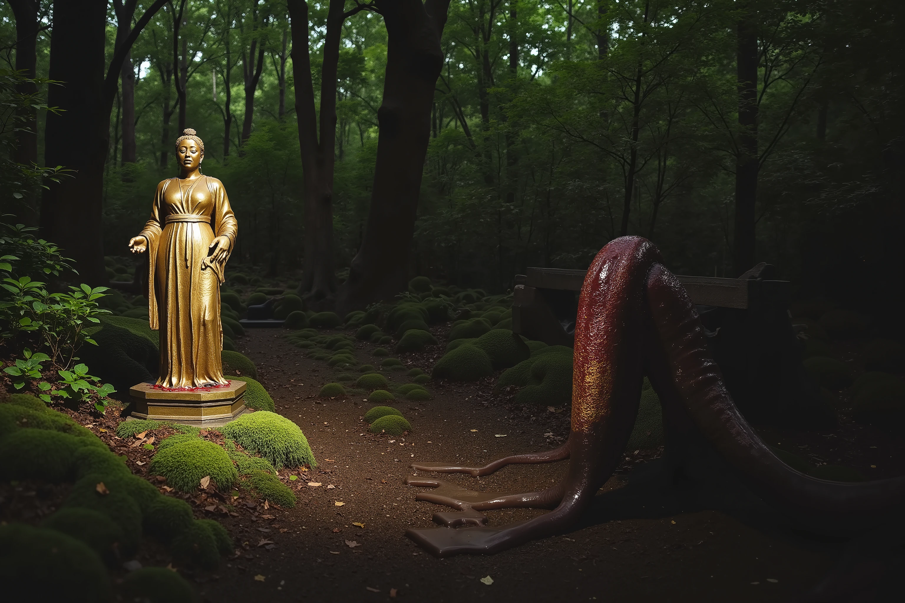 A slimy cursed tentacle infested woods, night, glowing fungus and patches of slime light the woods and on out of place bronze statue of a crying princess (half buried pedestal, simple Japanese robe, weeping blood)
