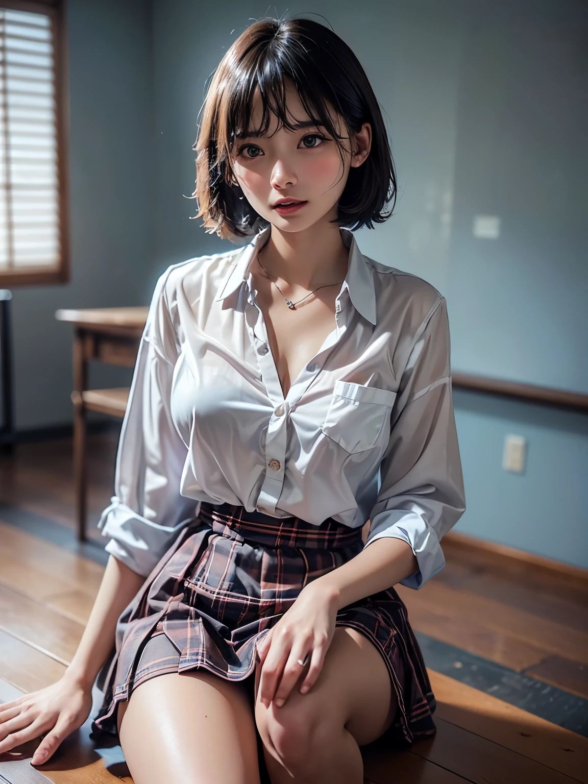 High image, clear image, classroom, 1 woman, 23 years old,white blouse,plaid skirt,frill panties, sitting in a chair, spread legs, panties shot