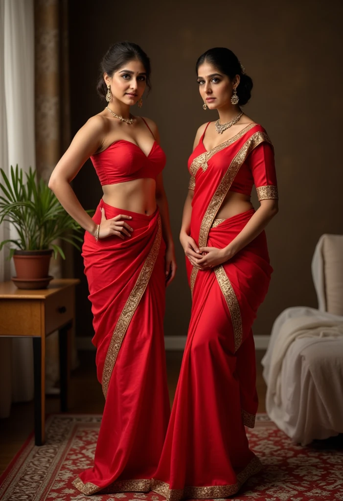 In a home setting, two 40-year-old naughty and curvaceous dark skin toned women in exposing attire, wearing elegant saree, 