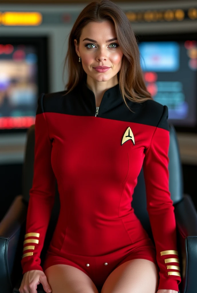 (Thirty year old) woman, on a starship, dressed in Star Trek uniform, red mini dress uniform, star Trek, vibrant colours, green skin, Orion, beautiful legs, small breasts, dreamy photo, dynamic pose, looking straight at camera, detailed eyes, soft expression, flirty, slight smile, Canon, lens flare, (Detailed features::1.2), real life. Hayley Atwell
