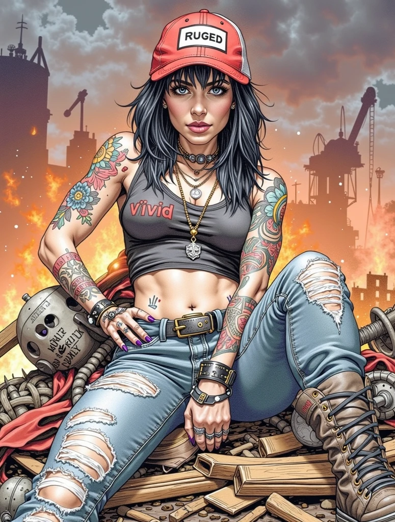 Black woman with big curly hair ,sitting on the floor with her legs open showing her vagina, and harley daivdson motorcycle in the background