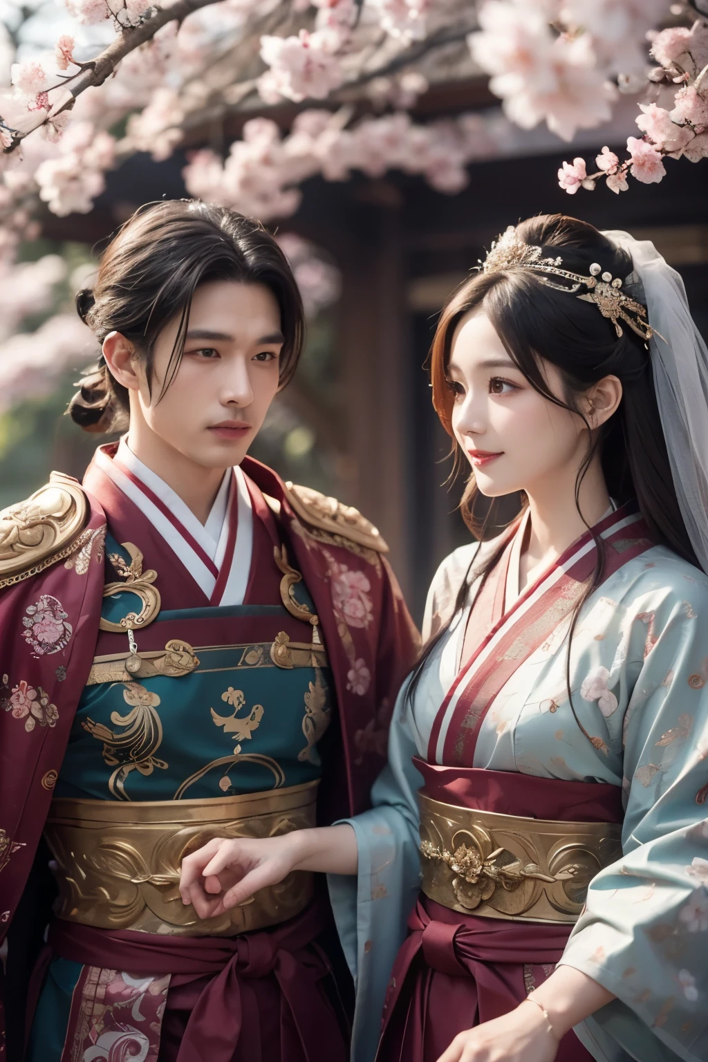 Very detailed、 Very beautiful 、 best quality 、Mysterious、 Fantastic、Mythical、A married couple from the ancient Yamato dynasty、 fancy mesh costume、 ornate palace 、 cherry blossoms dance、 anime-like 