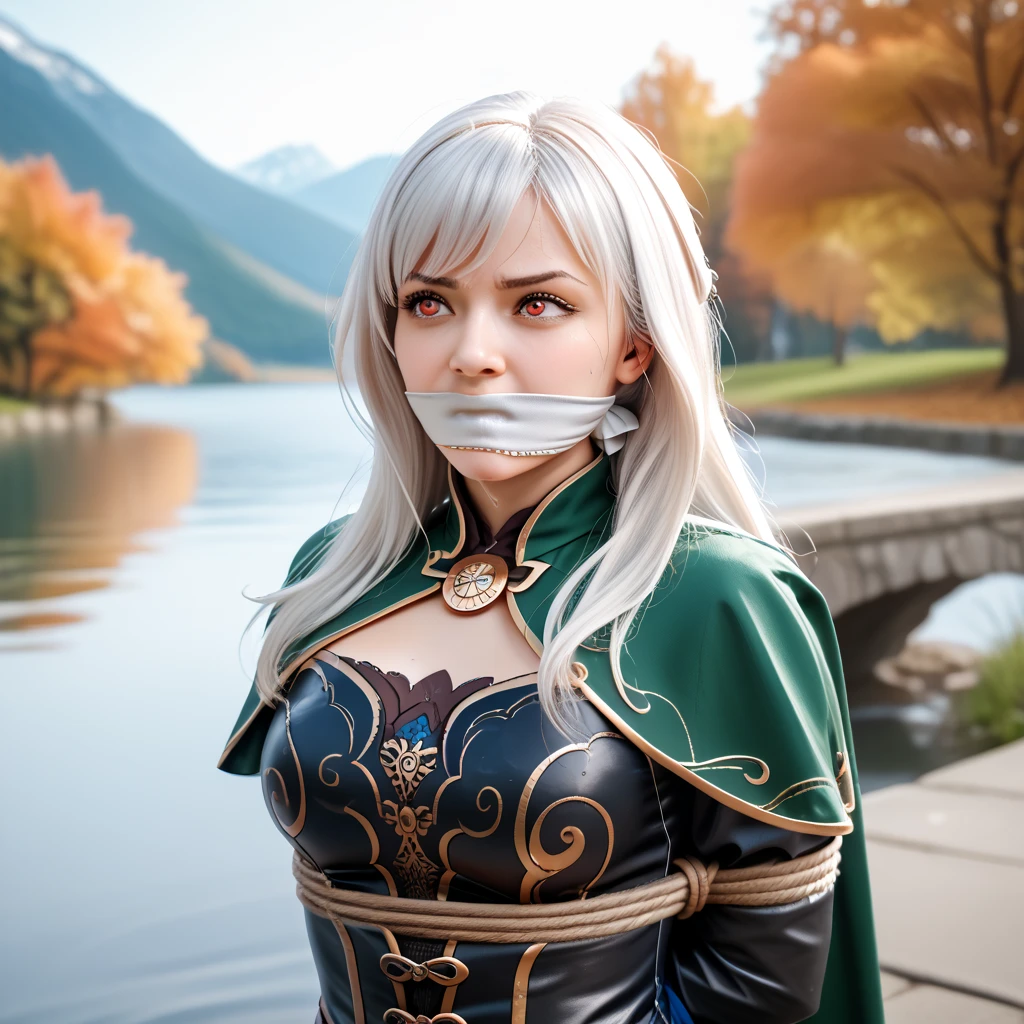 photorealistic, (4k), depth of field, (Masterpiece), (realistic skin texture), extremely detailed, intricate, hyper detailed, professional photography, bokeh, high resolution, sharp detail, best quality, girl, long hair, white hair, green cape, red eyes, green dress, corset, gloves, dynamic pose , lake, stream, outdoors, autumn, wind, ((arms tied up)), ((Wrists tied behind back)), bondage, white otm gaggged, gagged, otm gag, struggling, panic, struggle, shaking, saliva, sweat, looks away, my POV,
