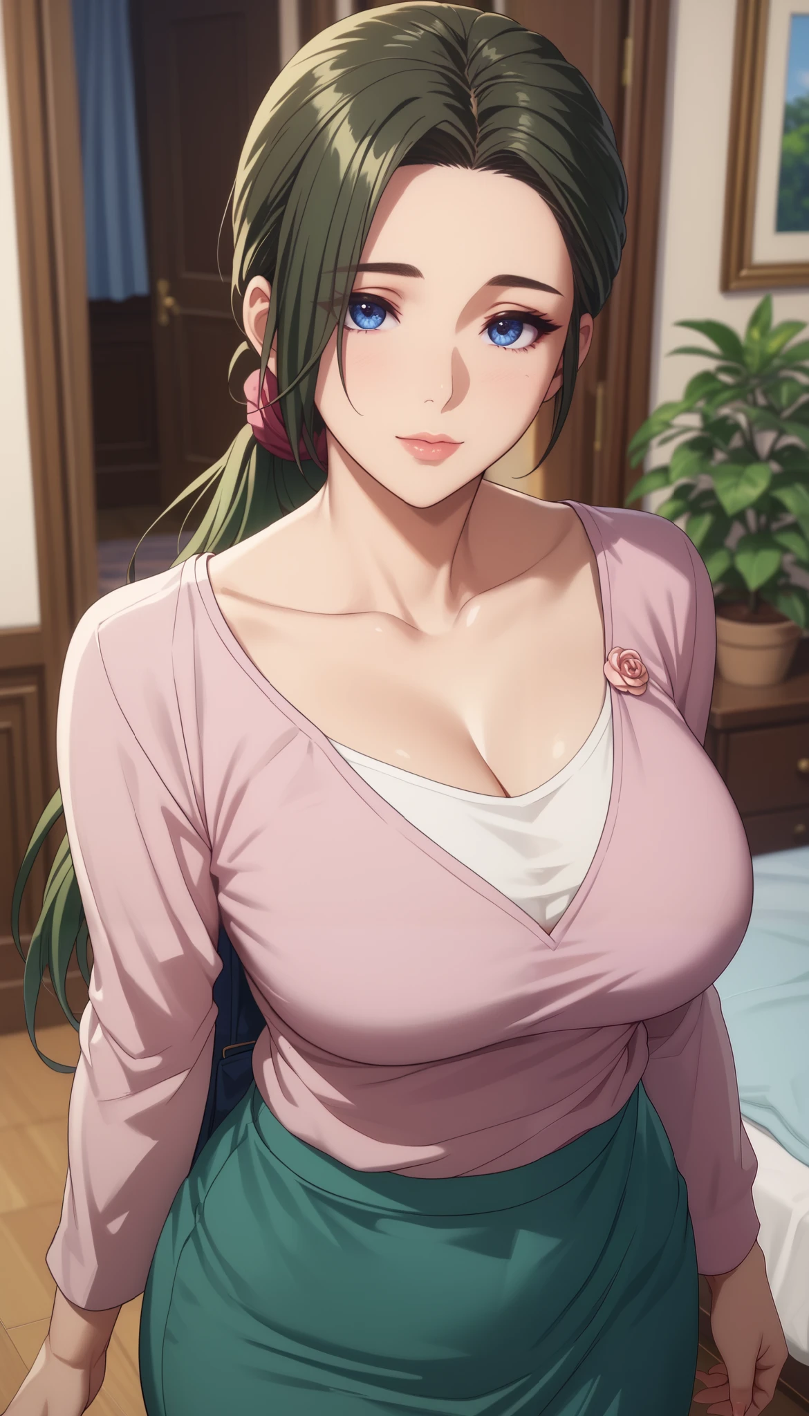 (masterpiece, best_quality:1.2), 1girl, solo, mature female, dark-green hair, low ponytail, (casual clothes, long sleeves, skirt), beautiful eyes, female focus, looking at viewer, large breast, cleavage, wide hips, ((above view)) ((close up shot)) ((solo)) detailed, very high resolution, no blurry image, standing, beautiful, elegant, serene expression, intricate details, detailed background, bedroom:1.3