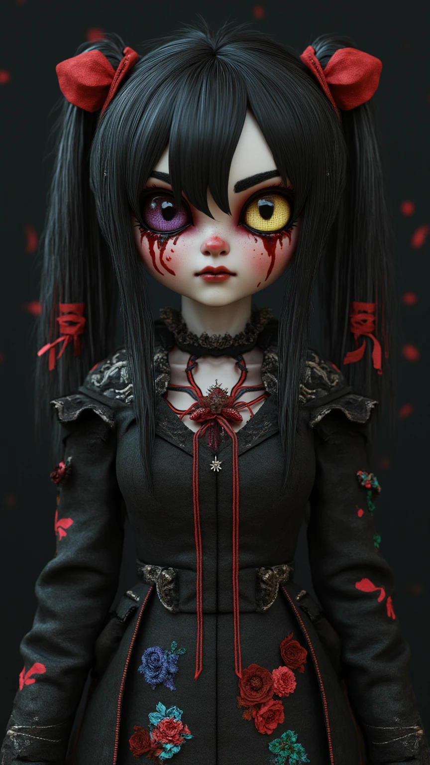  A detailed work of art ， portrays a character named Rebecca ， with the beauty of electrical fantasy 。 She is a skilled handywoman ， has black eyes ，Electrical Apparel ， Blood flowing from her eyes ， There are colored ribbons on her face ， Black red and purple eyes ， creating a terrifying appearance 。 She wears a dark coat ， decorated with colorful floral embroidery ， Scary face ， and unique eyelet on the ankle 。 She shows a noticeable red eye and a white iris eye， Yellow Eyes。 She shows a terrifying expression ， Machine Eyes and red ribbons 。