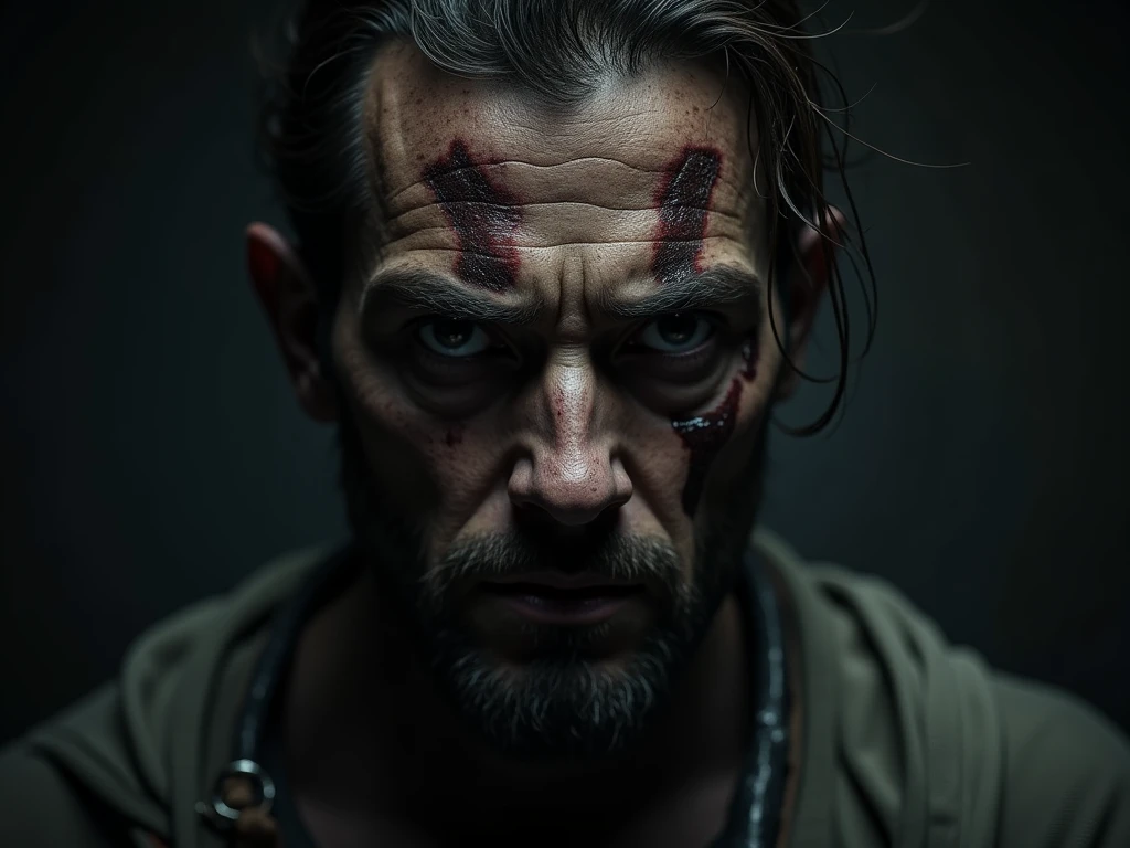 "Create a close-up image of Job, looking directly at the screen with a look of deep anguish. He must be covered in wounds and sores, with an expression marked by suffering, your eyes reflecting pain and despair. Ao fundo, in a blurred way, represent Satan in the figure of a black angel, with dark wings and a menacing presence, watching from afar. The scenery around Job must be bleak., with dim lights and dark tones, accentuating the feeling of physical suffering and spiritual torment."