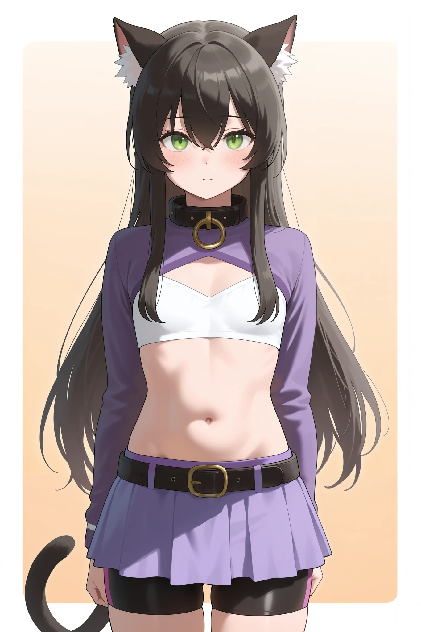 NSFW,masterpiece, best quality , High Resolution , very detailed,Rem Gallew 、 long hair、bangs、 black hair、 animal ears 、 hair between your eyes、非常に long hair、 green eyes、tail、 side lock、Cat ears、 cat's tail、 animal ears の毛, little chest, skirt 、 Long Sleeve 、belly button、プリーツ skirt 、 Shorts 、abdomen、belt、ミニ skirt 、stomach、collar、 bike shorts、紫色の skirt 、 skirt の下に Shorts 、beltポーチ、 skirt の下に bike shorts,inn