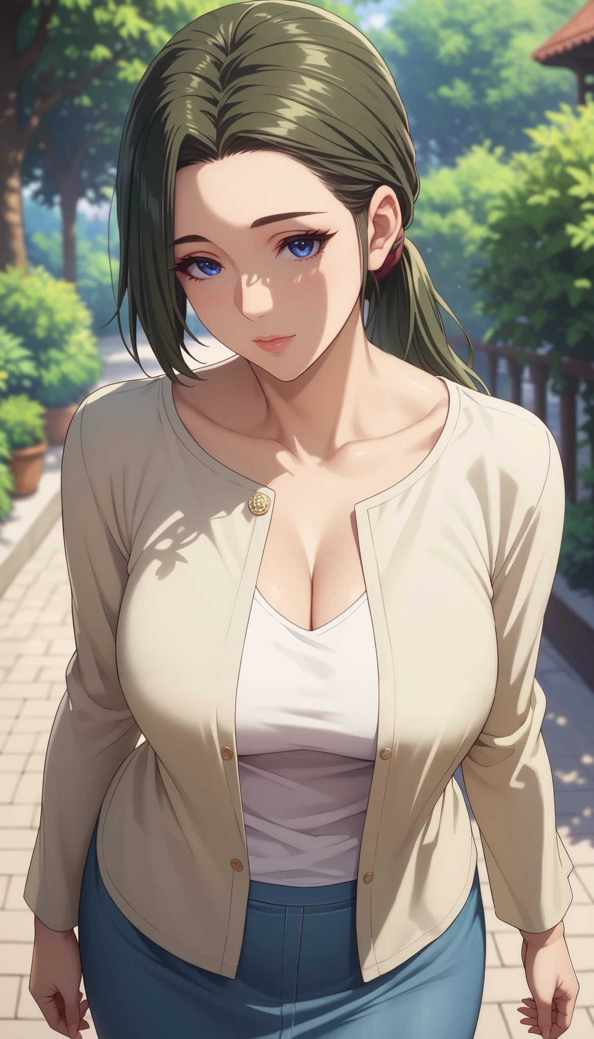 (masterpiece, best_quality:1.2), 1girl, solo, mature female, dark-green hair, low ponytail, (casual clothes, long sleeves, closed clothes, skirt), beautiful eyes, female focus, looking at viewer, large breast, cleavage, wide hips, ((above view)) ((close up shot)) ((solo)) detailed, very high resolution, no blurry image, standing, beautiful, elegant, serene expression, intricate details, detailed background, bedroom:1.3