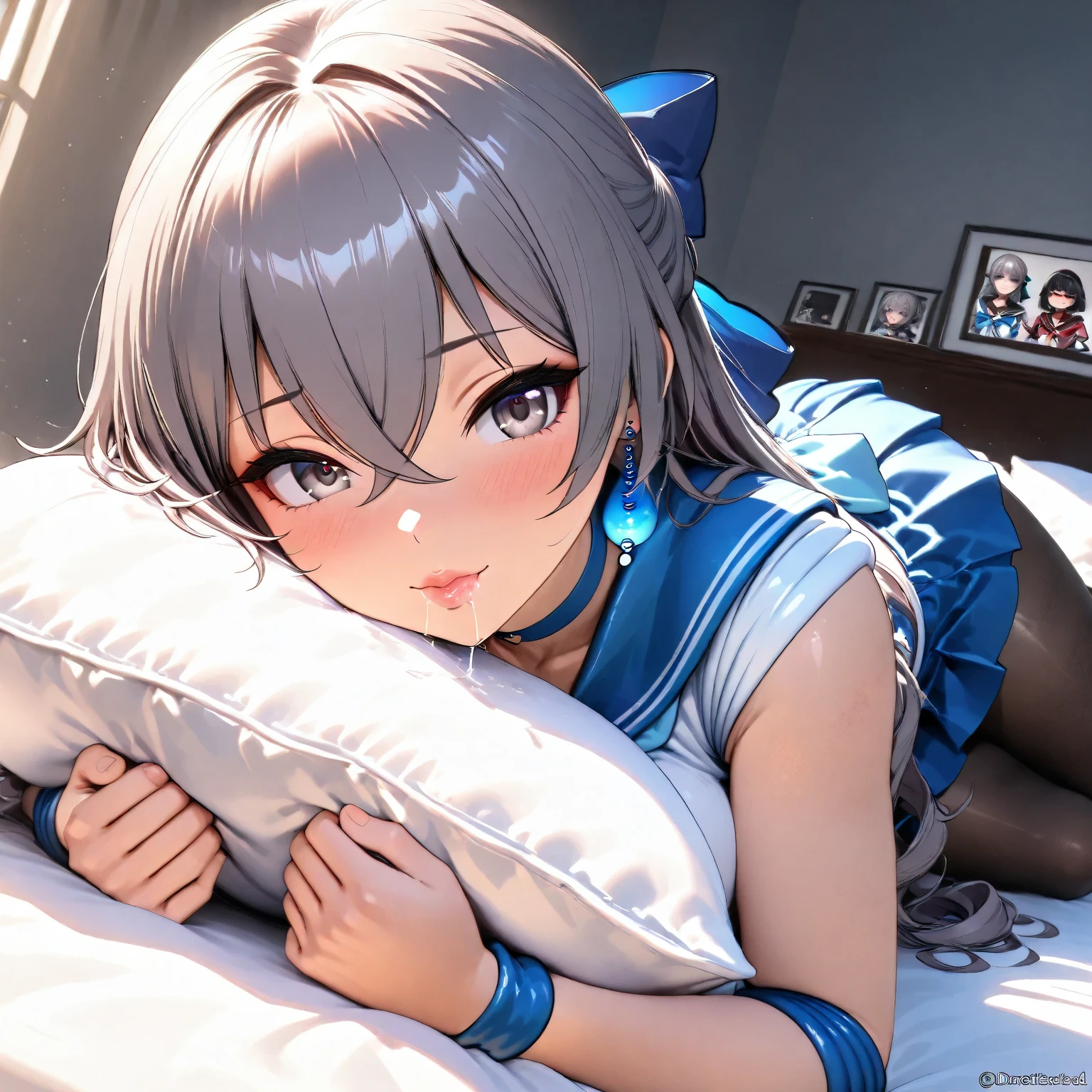 Masterpiece, high resolution, Best Quality, Detail, UHD, Super Detailed, Textured Skin, retina, 3d rendering, 4k, delicate, dynamic, bronya, sailor mercury cosplay, pantyhose, lying on bed, head on pillow, cute, lovely, adorable, endured face, make up, blush, pink lips, saliva trail, 