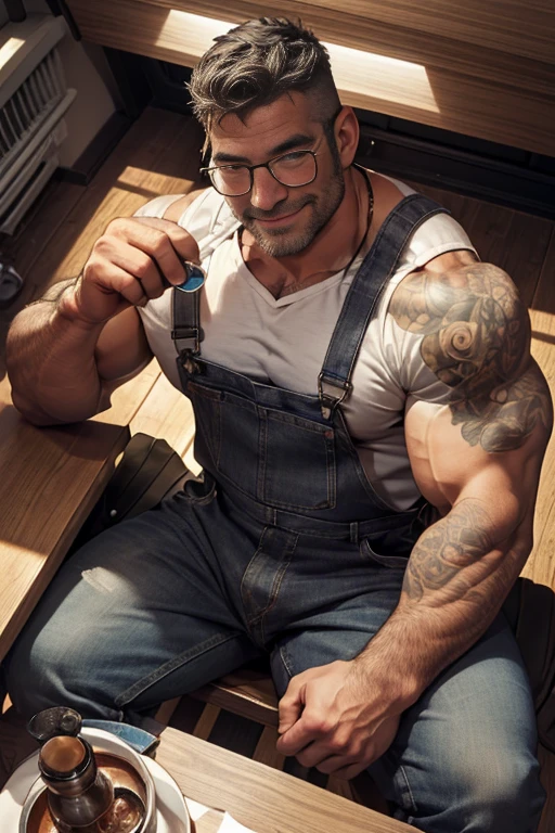 Award-winning original photo, a wild muscular man (40 years old daddy:1.1), beards, burly, hunk, (black overall), white T-shirt, sitting on of a table, eyeglasses, tattoo, detailed, lovely, smilling, from the front
