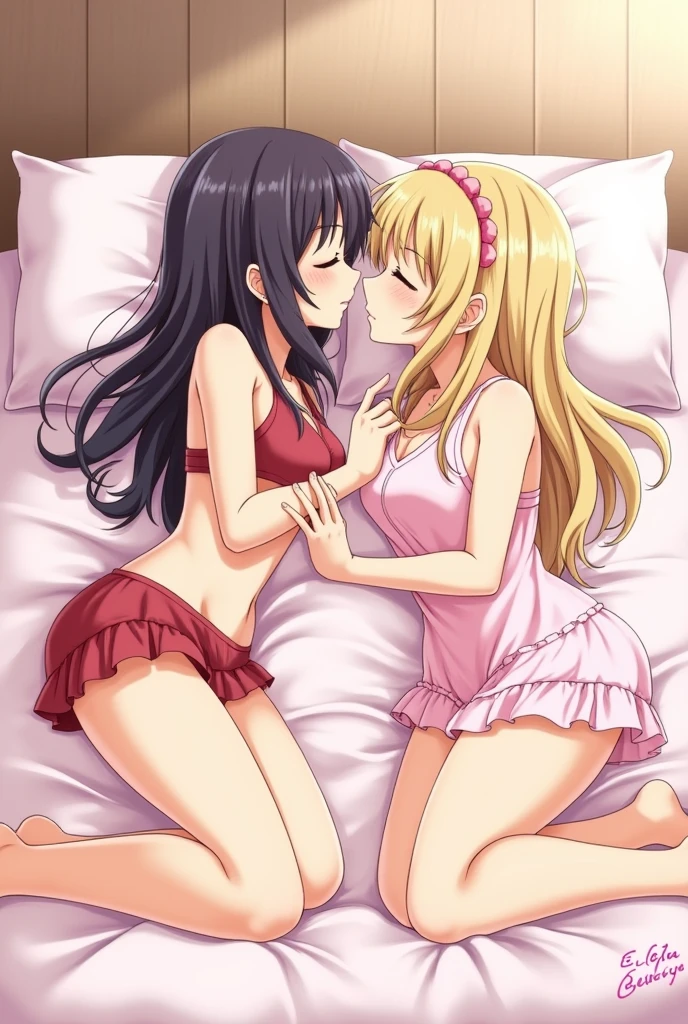 Two girls are in a room one is lying on a bed and one girl is licking her vagina two girls are hot and sexy their breasts are big and their whole body is full of cum anime image