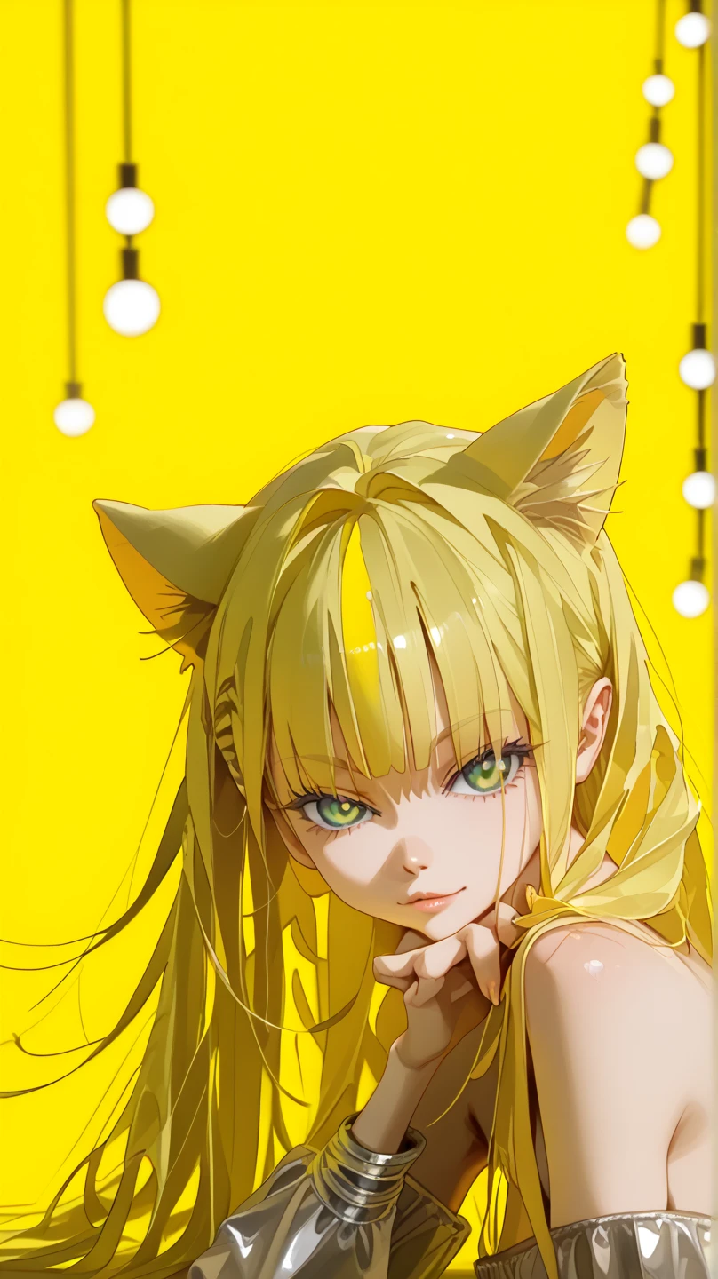 Masterpiece,  best quality , 4K,  photorealistic, Bokeh, Awareness-raising, girl, ( charming eye for perfect detail :1.2),  Colorful Hair , (  gradation hair ), (Neon Yellow Hair:1.6), (Cat ears:1.2),   fantasy background  , (  exposed bare shoulders), (A sleeve of long-term alienation), ( Lean forward a little ),  head tilt,  movie lights, Larger clothes, ( seductive poses:1.4), (  neon yellow background :1.6), Beautiful green eyes,  close,Lie down on the operating table in a sexy pose