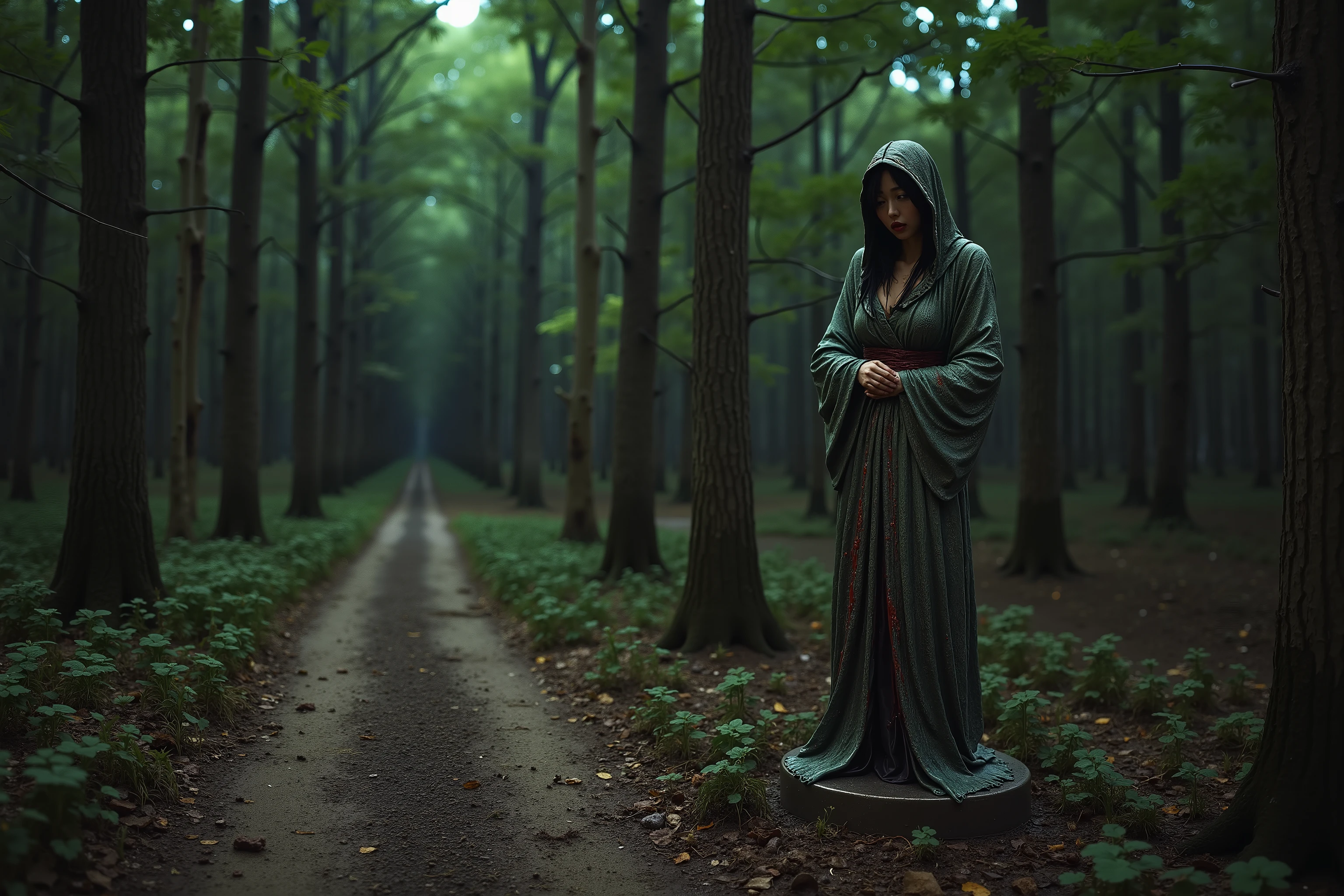 A slimy cursed tentacle infested woods, night, glowing fungus and patches of slime light the woods and on out of place bronze statue of a crying princess (half buried pedestal, simple Japanese robe, weeping blood)
