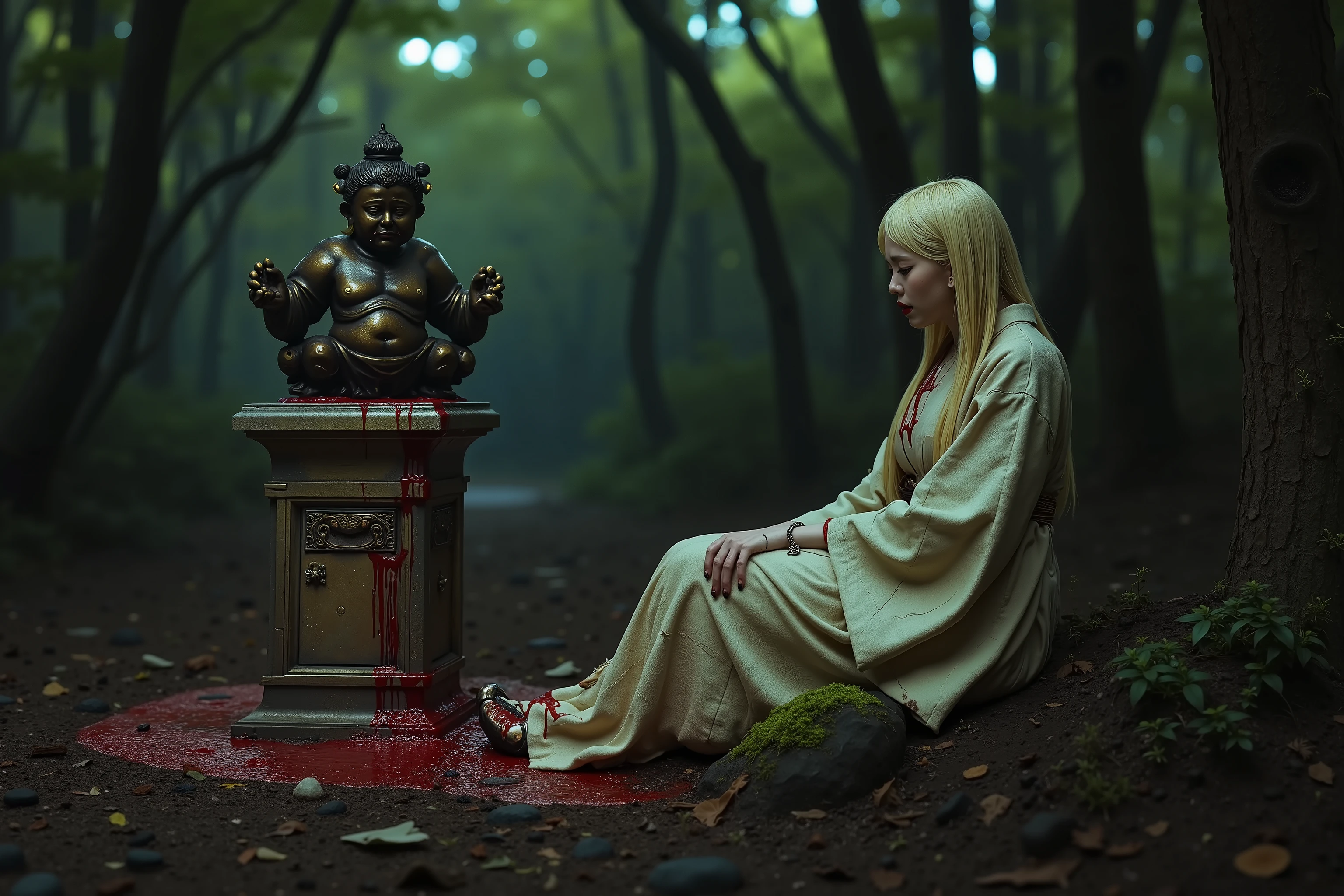 A slimy cursed tentacle infested woods, night, glowing fungus and patches of slime light the woods and on out of place bronze statue of a crying princess (half buried pedestal, simple Japanese robe, weeping blood)