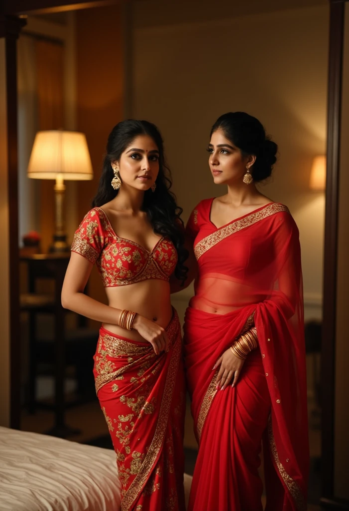 In a bedroom setting, two 40-year-old sexy and curvaceous brown skin toned women in exposing attire, standing, wearing elegant saree, showing curves 