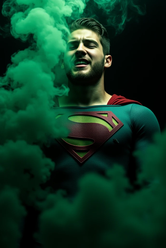 Cody Christian with an undercut haircut combed back, short beard, dressed in Superman costume stands appears unconscious or weakened, with his head down, He looks weak and in pain, with his mouth slightly open and his eyes closed against a green vape smoke background on a black isolated