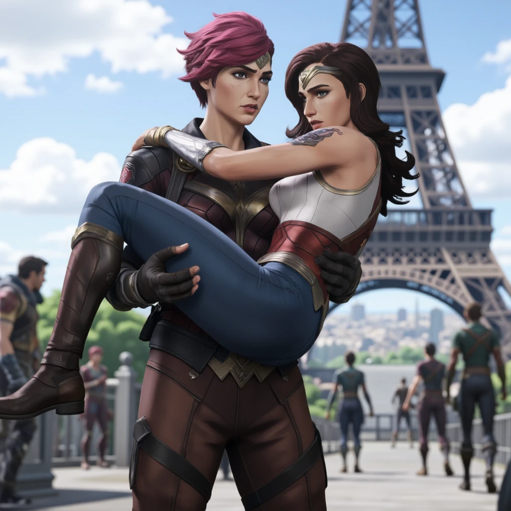 2 girls, stunning photo of strong vi from arcane (netflix) with short pink spikey hair, undercut,  wearing a black jacket and brown pant, standing and carrying curvy hot curvy voluptuous Wonder Woman who is wearing white skinny top, skinny blue jeans and black high heels in her arms,  princess carry, wonder woman's one arm is wrapped around her partner's neck, in front of eifel tower, arcane (netflix) animation style