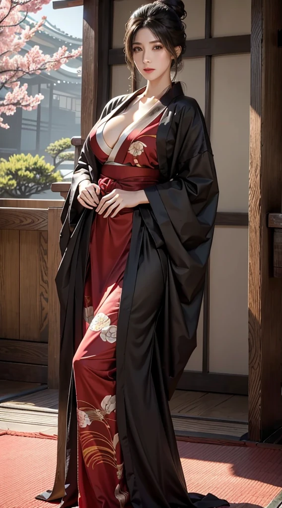 photorealistic, high resolution, 1women, mature female, solo, hips up, black hair, emma \(sekiro\), japanese clothes, kimono, single hair bun, haori, mature female