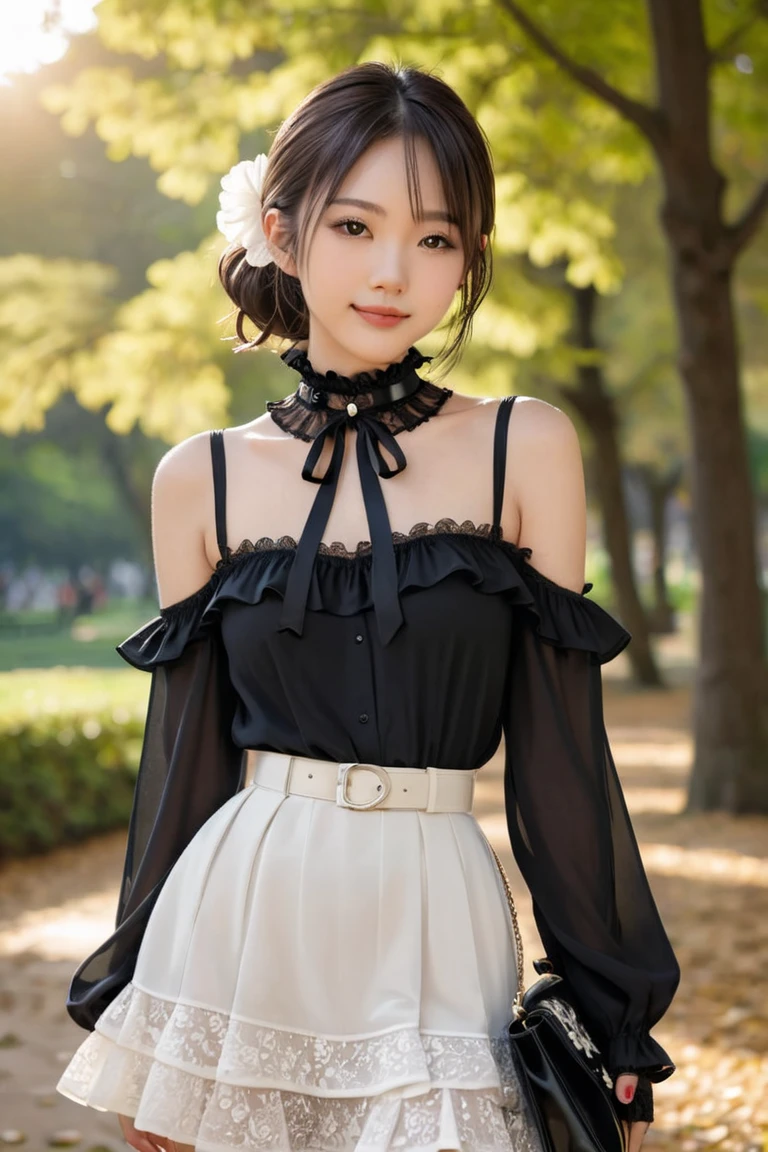 Young Japanese beauty in a black dress with frills all over. Collar wide open, collarbone visible.
She is smiling softly with her hand over her mouth, mouth closed.
Frilled choker around her neck.
Black see-through cloth from choker to chest. No cloth on chest.
Brown hair in a wavy ponytail. Large ruffled ribbon. Pearl-white flower hair clip.
Thin silver belt cinched at the waist.
Very mini flared skirt with frills. White panniers. Thin white embroidery on ruffles. Long black lace gloves reaching to the shoulders. Black lace knee socks. Black high-heeled boots. Carrying a slightly smaller black heart-shaped bag.
Walking under the sun through the trees in the park.