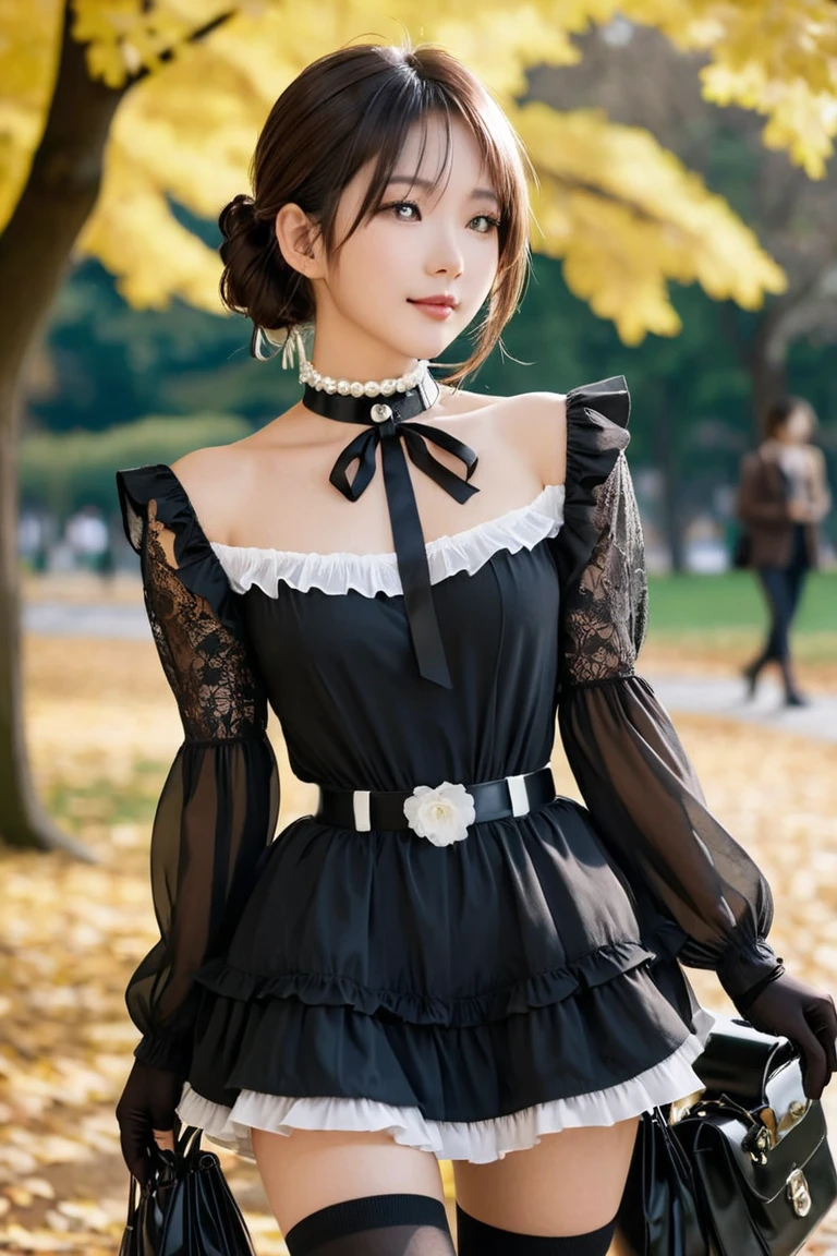 Young Japanese beauty in a black dress with frills all over. Collar wide open, collarbone visible.
She is smiling softly with her hand over her mouth, mouth closed.
Frilled choker around her neck.
Black see-through cloth from choker to chest. No cloth on chest.
Brown hair in a wavy ponytail. Large ruffled ribbon. Pearl-white flower hair clip.
Thin silver belt cinched at the waist.
Very mini flared skirt with frills. White panniers. Thin white embroidery on ruffles. Long black lace gloves reaching to the shoulders. Black lace knee socks. Black high-heeled boots. Carrying a slightly smaller black heart-shaped bag.
Walking under the sun through the trees in the park.