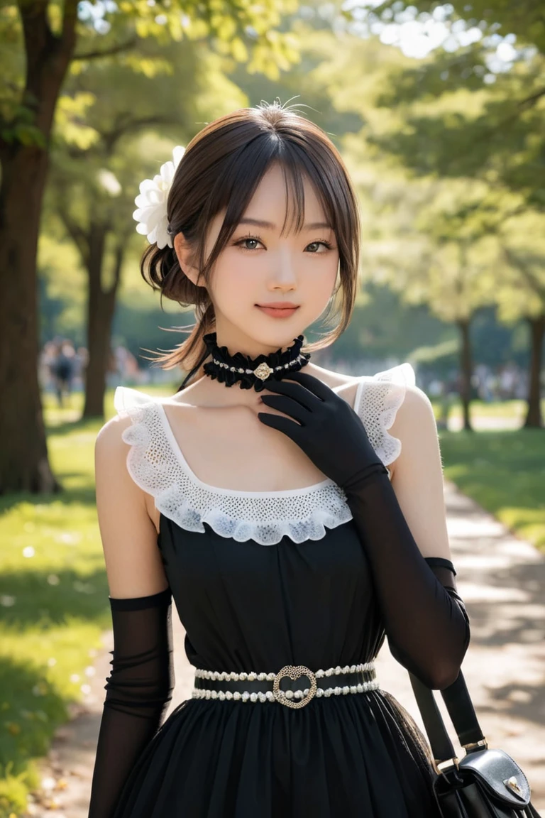 Young Japanese beauty in a black dress with frills all over. Collar wide open, collarbone visible.
She is smiling softly with her hand over her mouth, mouth closed.
Frilled choker around her neck.
Black see-through cloth from choker to chest. No cloth on chest.
Brown hair in a wavy ponytail. Large ruffled ribbon. Pearl-white flower hair clip.
Thin silver belt cinched at the waist.
Very mini flared skirt with frills. White panniers. Thin white embroidery on ruffles. Long black lace gloves reaching to the shoulders. Black lace knee socks. Black high-heeled boots. Carrying a slightly smaller black heart-shaped bag.
Walking under the sun through the trees in the park.