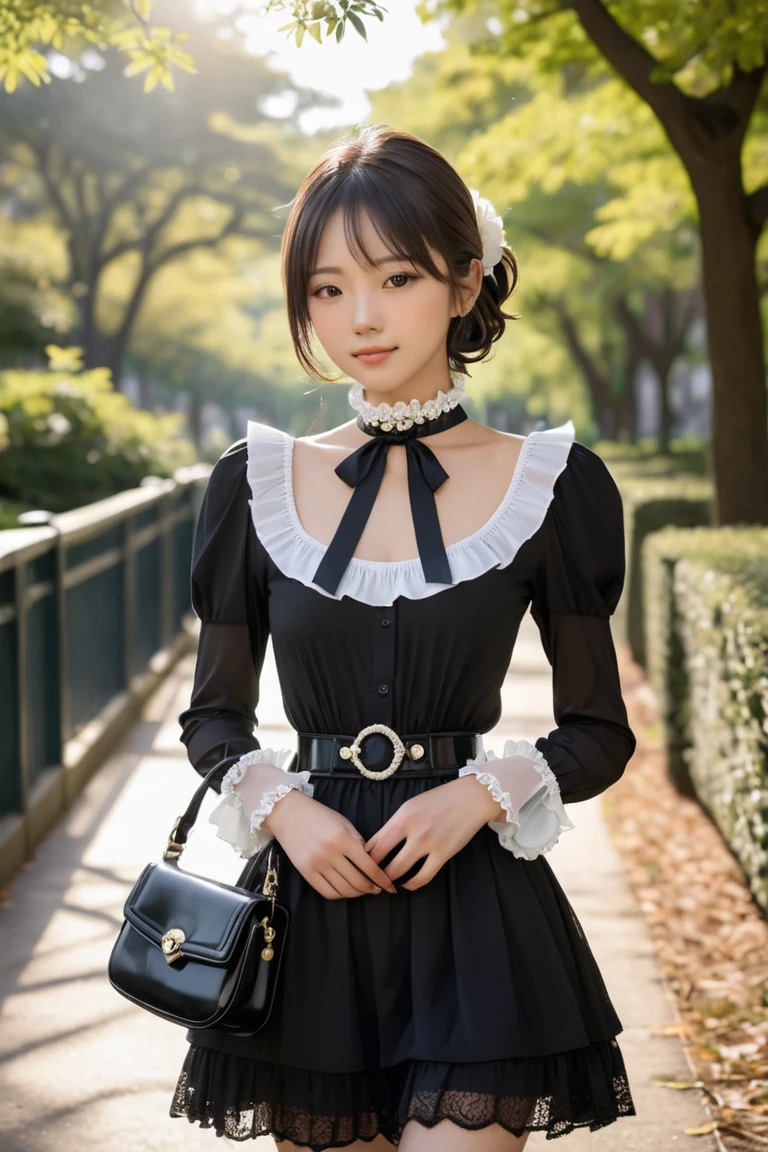 Young Japanese beauty in a black dress with frills all over. Collar wide open, collarbone visible.
She is smiling softly with her hand over her mouth, mouth closed.
Frilled choker around her neck.
Black see-through cloth from choker to chest. No cloth on chest.
Brown hair in a wavy ponytail. Large ruffled ribbon. Pearl-white flower hair clip.
Thin silver belt cinched at the waist.
Very mini flared skirt with frills. White panniers. Thin white embroidery on ruffles. Long black lace gloves reaching to the shoulders. Black lace knee socks. Black high-heeled boots. Carrying a slightly smaller black heart-shaped bag.
Walking under the sun through the trees in the park.