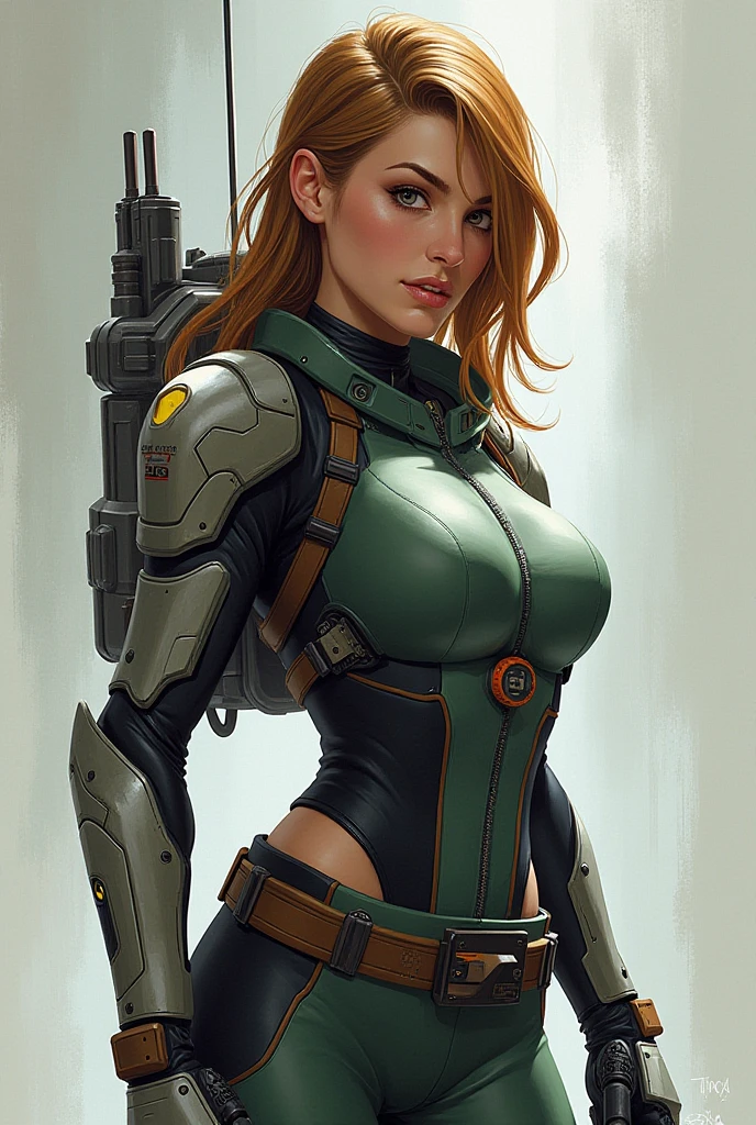 1girl, camouflage uniform, (futuristic theme), large breasts, cleavage, fit body, standing, cowboy shot, more creative