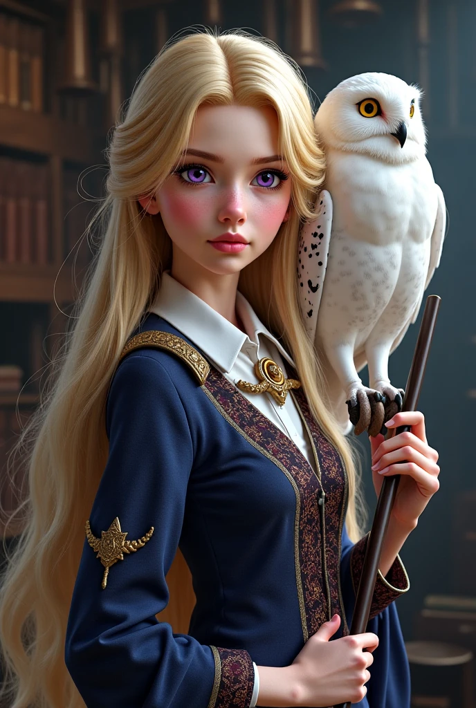 (beste-Qualit, tmasterpiece), (portraite of a ,A young woman ((Smiling)) and an owl), the pose, particle, the wind, flower, upper-body, Night Eclipse Background, looking a viewer, Long straight blonde hair, detailed blue eyes, Medieval blue princess dress, galaxy, back light, rimlight, A beautiful work of art, Perfect composition