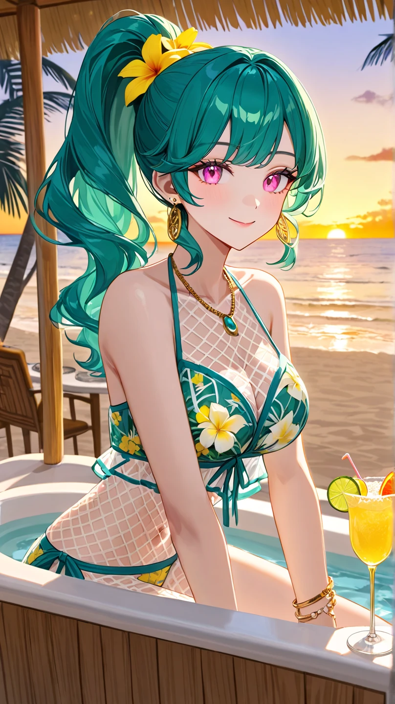 a woman with long wavy dark teal green hair, pink eyes, hawaii yellow white flower pattern summer mesh outfit, gold earings, palm beach, tiki bar, (((alone))), gold sky, on bathtub, bracelet, ponytail, margarita, smiling