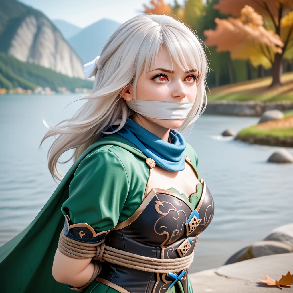 photorealistic, (4k), depth of field, (Masterpiece), (realistic skin texture), extremely detailed, intricate, hyper detailed, professional photography, bokeh, high resolution, sharp detail, best quality, girl, JingliuBren, long hair, white hair, white scarf, scarf, green cape, red eyes, green dress, corset, gloves, dynamic pose , lake, stream, outdoors, autumn, wind, ((arms tied up)), ((Wrists tied behind back)), bondage, white otm gaggged, gagged, otm gag, struggling, panic, struggle, shaking, saliva, sweat, looks away, my POV,
