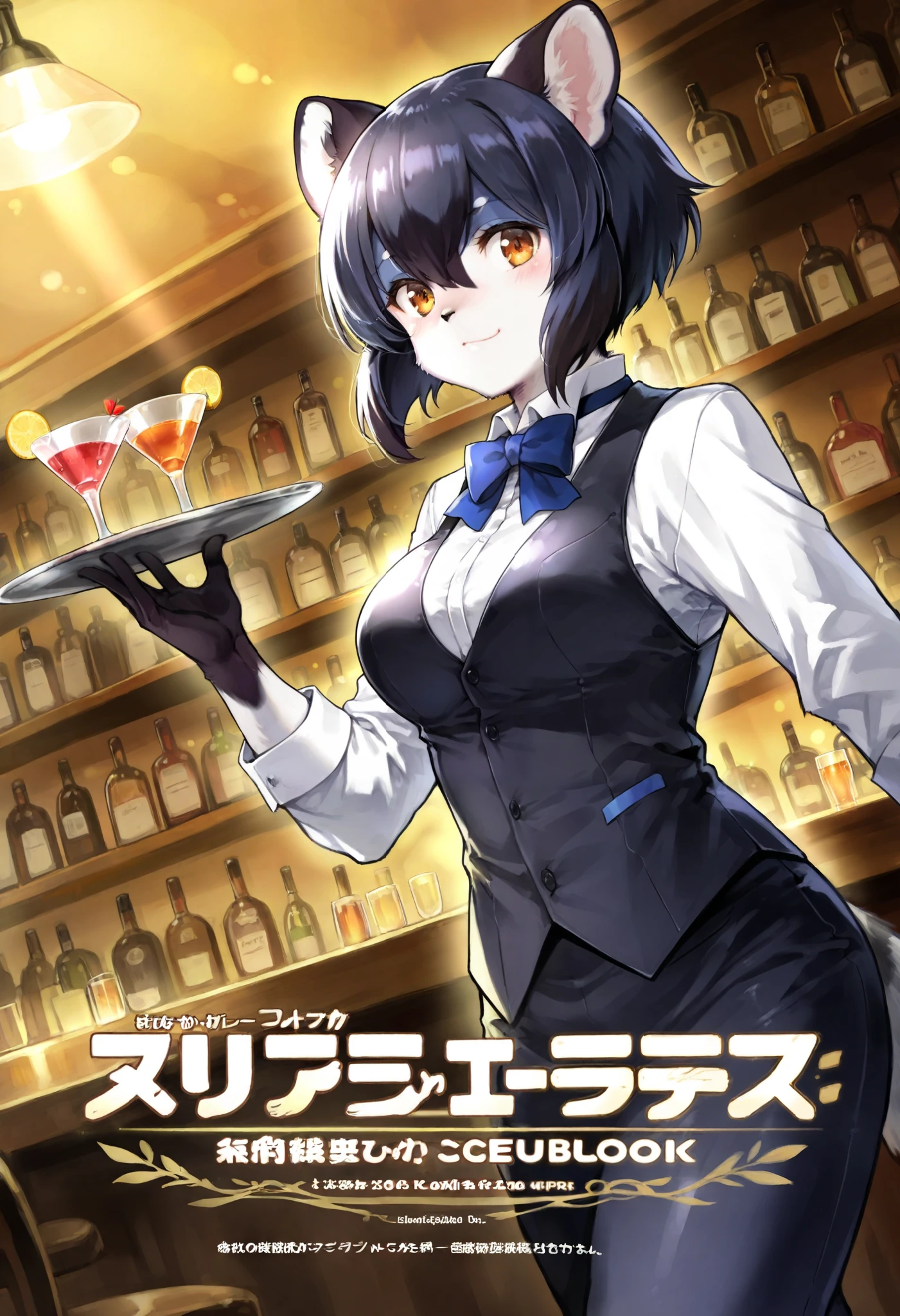 rating_safe, score_9, score_8_up, score_7_up, score_6_up, score_5_up, score_4_up, highres, source_furry, cover page, super high resolution, detailed background, bartender, bar, cocktail, absurdres(1girl, kemono, furry anthro)perfect anatomy, expression, good lighting, cinematic shadow, dynamic angle,