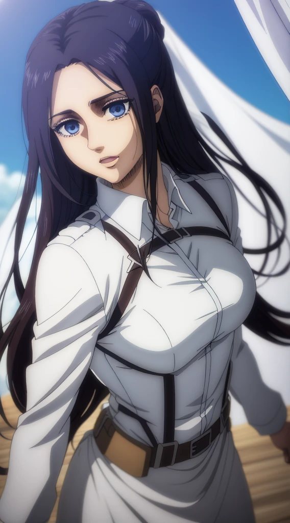 (masterpiece:1.2, best quality), photorealistic, (hyperrealistic:1.2), beautiful, woman with long hair and  , blue eyes , Mappa style , Attack on titan season four , , she's happy, smiling, wearing  white simple dress , dancing between the crowd, in wedding, not hers , happy moments 