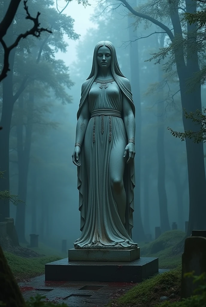  There is a large statue of a goddess standing in the woods, White Marble,  virtual unreal , IMAX footage , , More footprints of Egyptian temples ,  face close-up , Playstation 3, autodesk,  still images from Marvel movies , Graveyard 、Blue Light、Suspicious Shadows，Covered with moss，Cthulhu Mythos，blood，Cursed statue，flowing blood