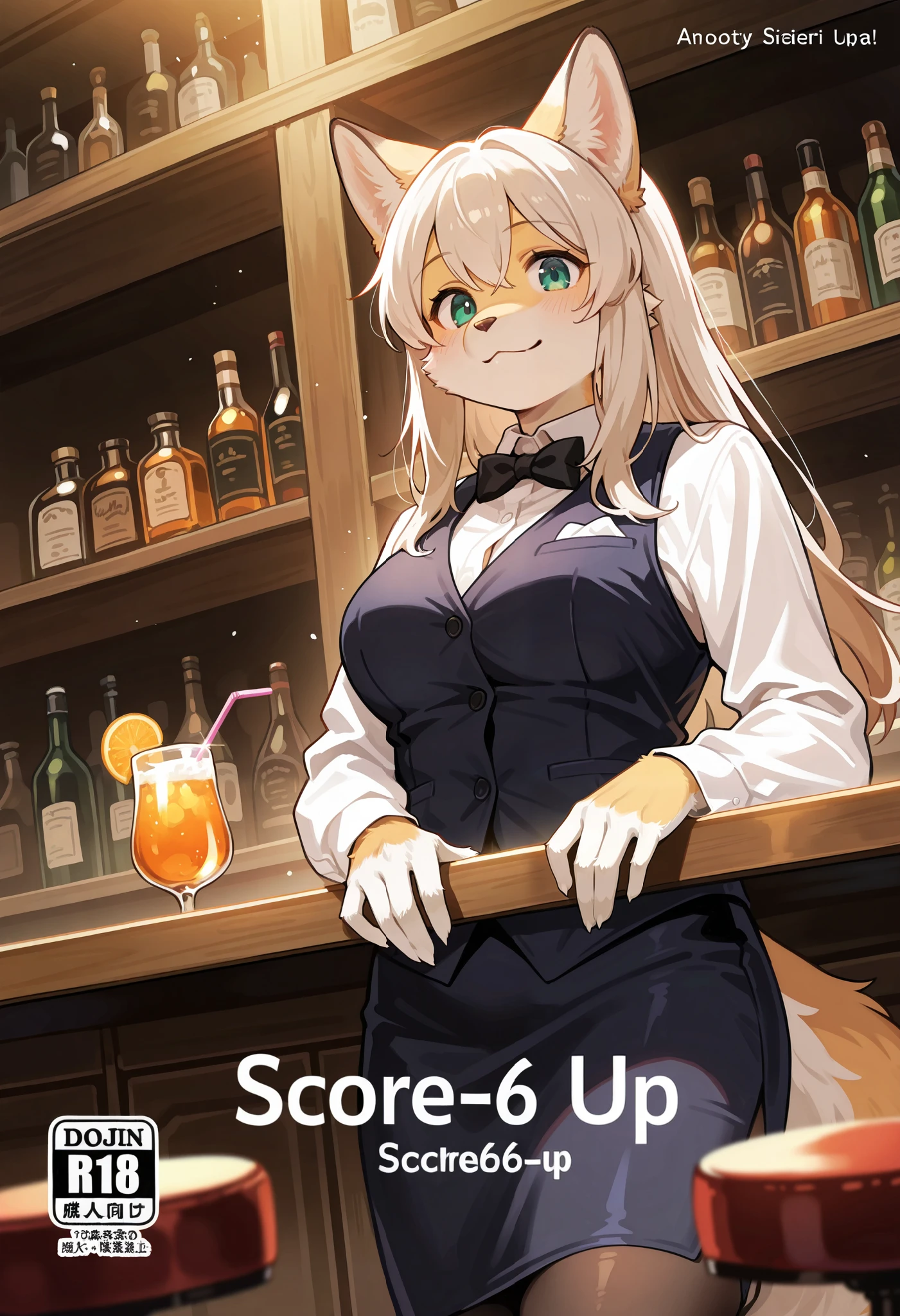rating_safe, score_9, score_8_up, score_7_up, score_6_up, score_5_up, score_4_up, highres, source_furry, cover page, super high resolution, detailed background, bartender, bar, cocktail, absurdres(1girl, kemono, furry anthro)perfect anatomy, expression, good lighting, cinematic shadow, dynamic angle,