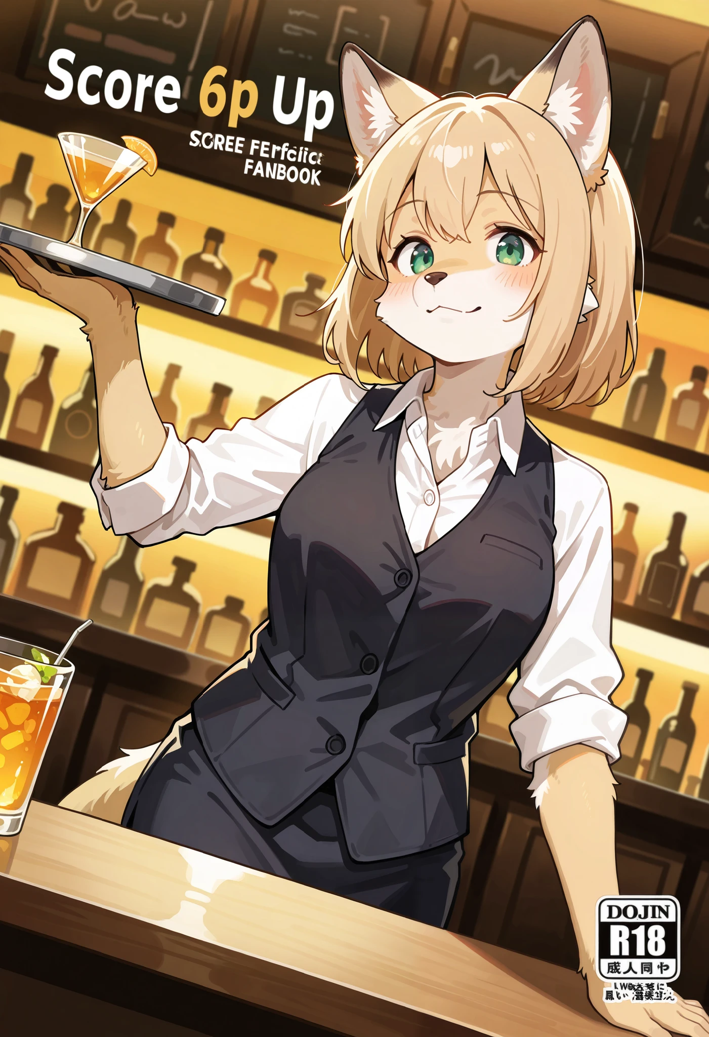 rating_safe, score_9, score_8_up, score_7_up, score_6_up, score_5_up, score_4_up, highres, source_furry, cover page, super high resolution, detailed background, bartender, bar, cocktail, absurdres(1girl, kemono, furry anthro)perfect anatomy, expression, good lighting, cinematic shadow, dynamic angle,