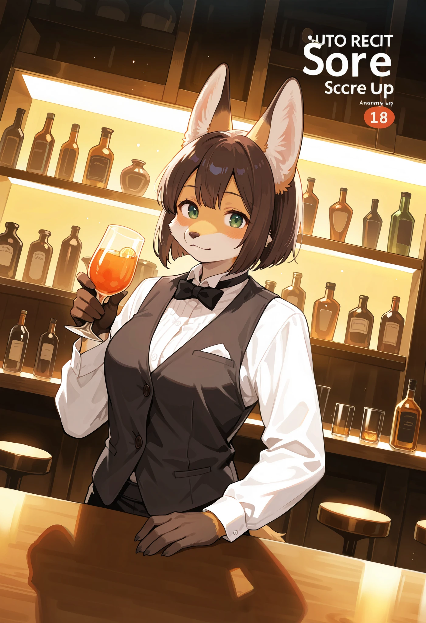 rating_safe, score_9, score_8_up, score_7_up, score_6_up, score_5_up, score_4_up, highres, source_furry, cover page, super high resolution, detailed background, bartender, bar, cocktail, absurdres(1girl, kemono, furry anthro)perfect anatomy, expression, good lighting, cinematic shadow, dynamic angle,