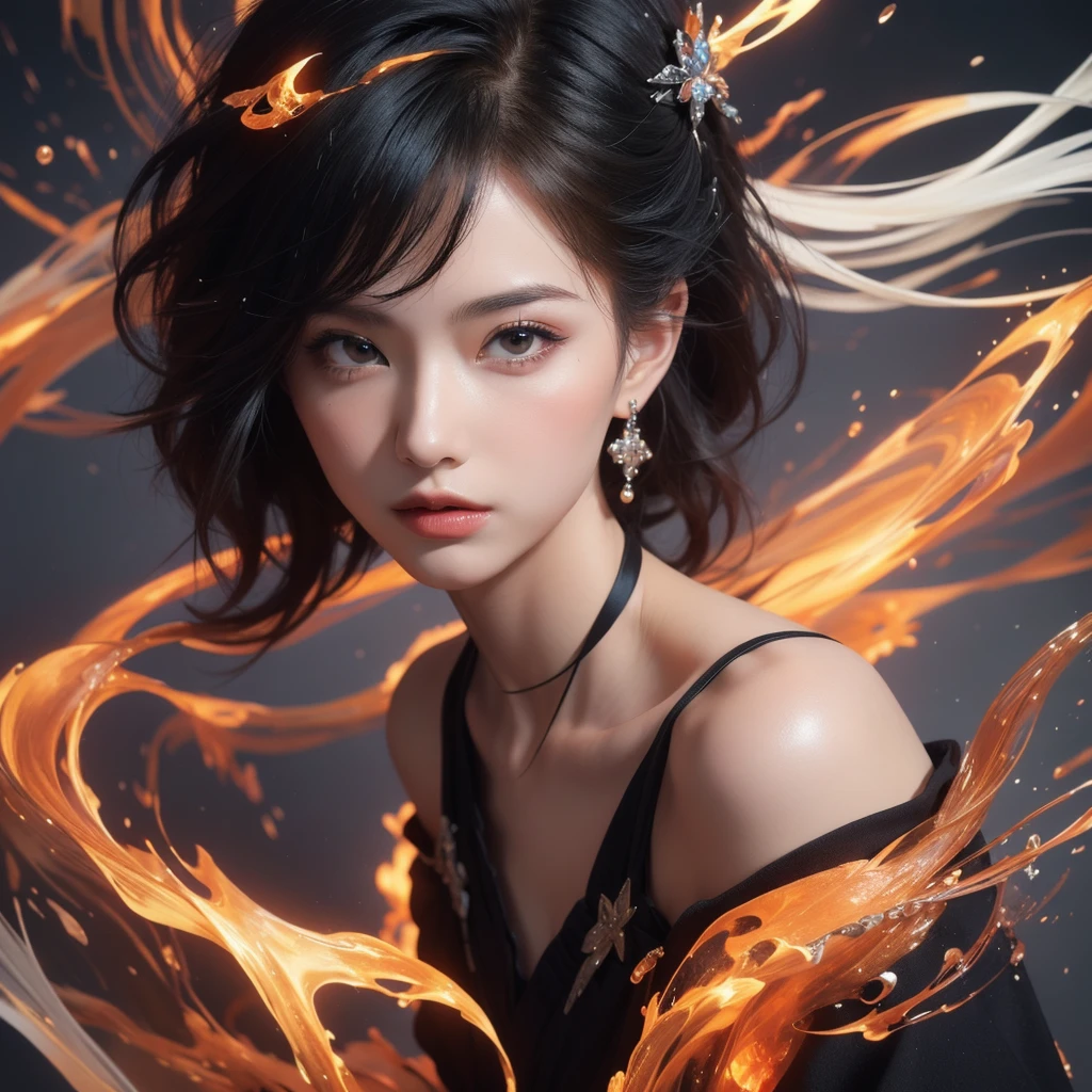 1 woman, black hair, conjunctivitis, Fire Witch, blood, light particles, light rays, Wallpaper, high contrast, colorful,