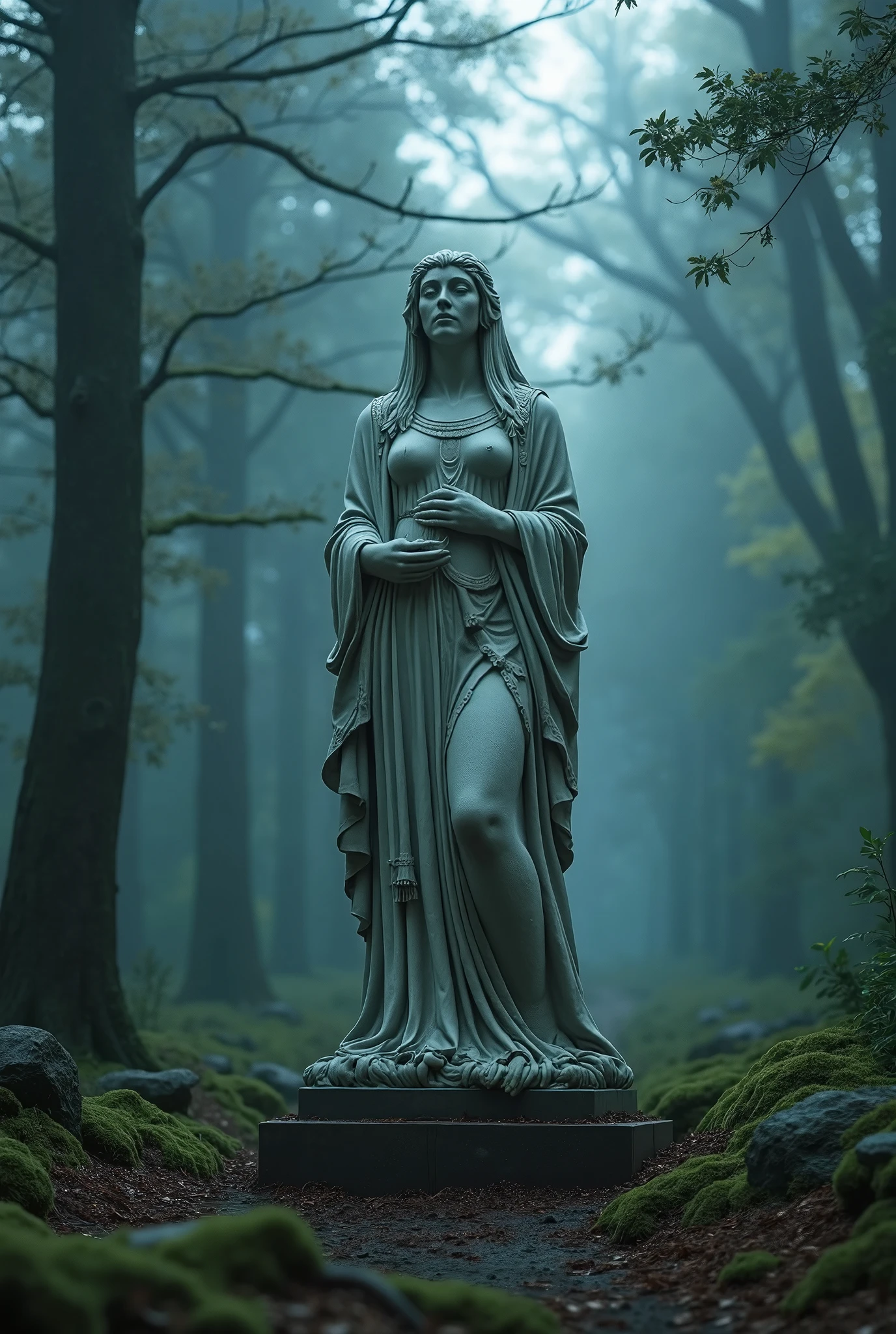  There is a large statue of a goddess standing in the woods, White Marble,  virtual unreal , IMAX footage , , More footprints of Egyptian temples ,  face close-up , Playstation 3, autodesk,  still images from Marvel movies , Graveyard 、Blue Light、Suspicious Shadows，Covered with moss，Cthulhu Mythos，blood，Cursed statue，flowing blood