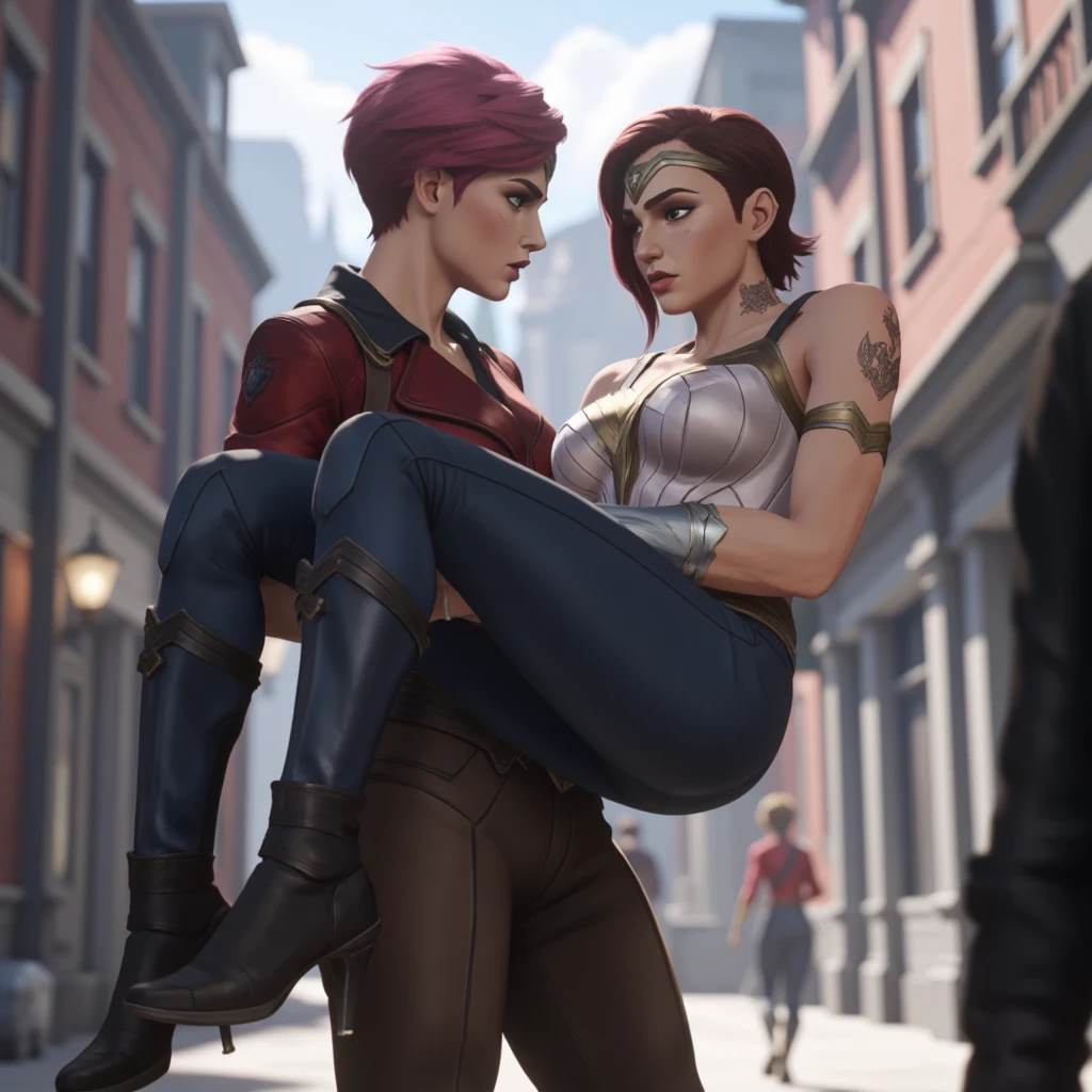 2 girls, stunning photo of strong vi from arcane (netflix) with short pink spikey hair, undercut,  wearing a red jacket and brown pant, standing and carrying curvy hot curvy voluptuous Wonder Woman who is wearing white skinny top, skinny blue jeans and black high heels in her arms,  princess carry, wonder woman's one arm is wrapped around her partner's neck, in arcane city, arcane (netflix) animation style