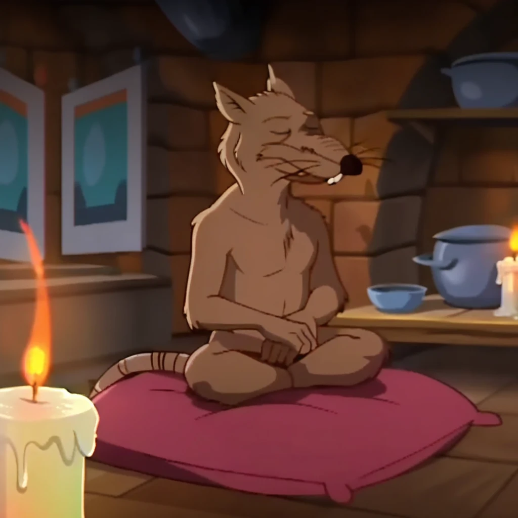 score_9, score_8_up, score_7_up, score_6_up, score_5_up, score_4_up, source_furry, Splinter87, anthro, male, rat,  brown fur, rat tail, sitting, indoors, candles, meditating, eyes closed, naked, featureless, legs open, screencap