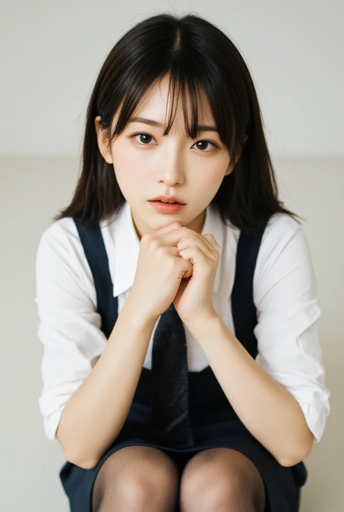 (Best Quality, masutepiece:1.2), 1 girl, Solo, Red hair,Eyes with beautiful details,(White shirt),cowboy shot,Black tie,Bangs,ear,breast