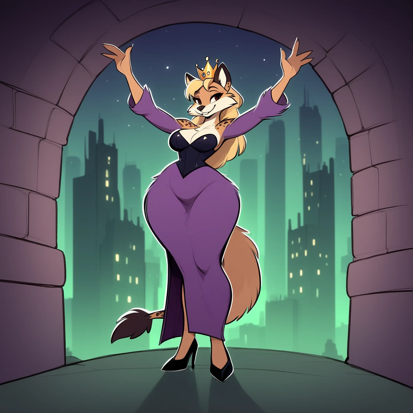 uploaded on e621, explicit content, 3d:0.4 , (bastika, cutesexyrobutts, hioshiru), female, solo, (anthro, furry), ninetales, ballroom setting, (elegant ball dress, high heels), clothed, clothing, front view
