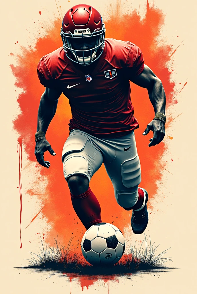 Imagine a strong and dynamic illustration,Depicts an American football player of white descent,Standing in front of a King of Hearts playing card,(He burst out of the King of Hearts playing card:1.5), The football player is wearing a white jersey,Decorated with orange stripes,The number 33 is prominently marked on the, He held the football tightly in a strong grip,Shows powerful action sequences, An impressive explosion effect appears around the player,Splashes of white and orange paint are visually distinctive,The result is a dramatic and impactful visual scene.。