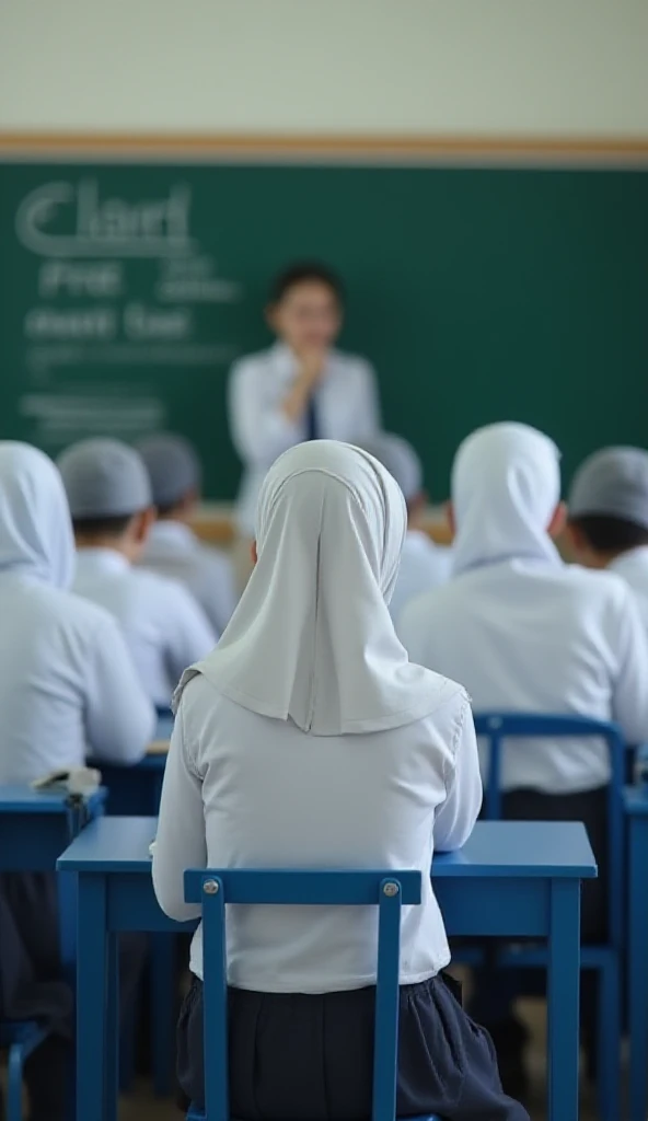 creat a malay girl with hijab, black jersey and wearing a mask, sitting and studying