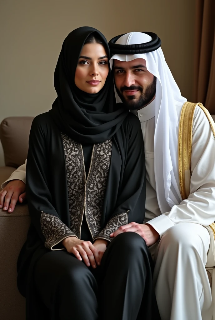 27 years old man with a , man wear black suit slim smart normal body , woman age 29 , Muslim woman on the side