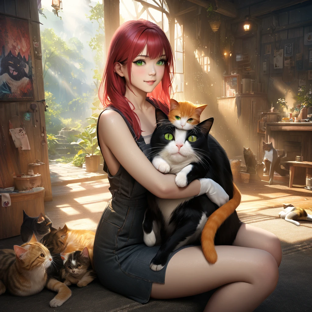 2 beautiful cats , black cat, RED HAIR CAT,  cats with green eyes,  Cats hugging ,  magical atmosphere , Beautiful environment,  masterpiece,  better quality, 8K, ultra-detailed,  realistic , photo realistic ,  studio lighting ,   bright colors  