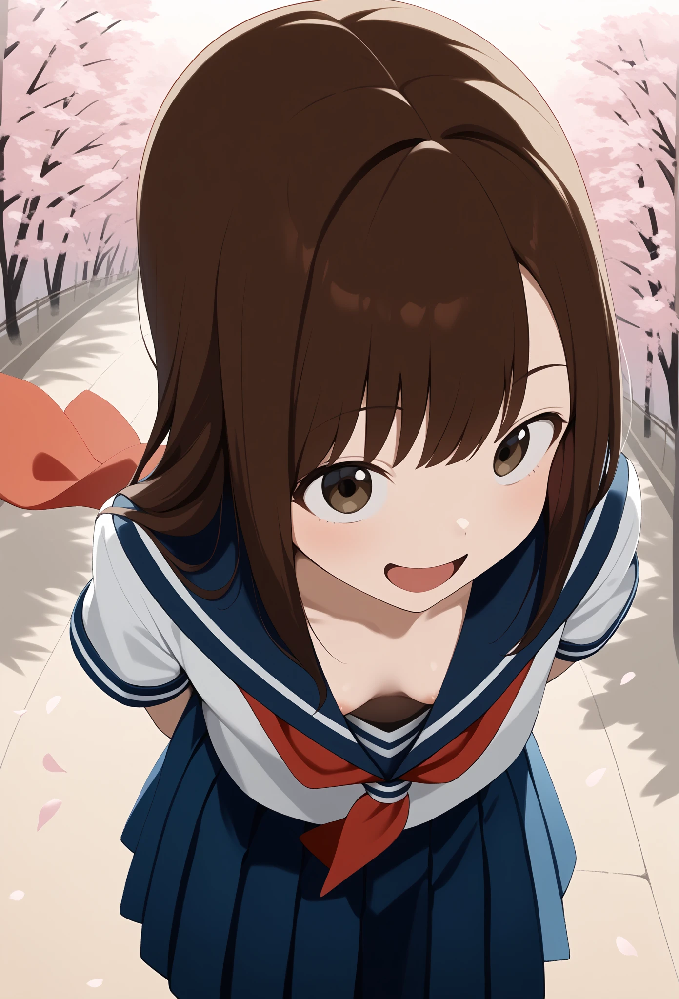 score_9, score_8_above, score_7_above, score_6_above, score_5_above, score_4_above, source_anime, aatakagi , Alone,   long hair,  brown hair ,  fringe distributed ,  collarbone,  serafuku, sailor collar,  red scarf , white shirt,  short sleeves , pleated skirt, blue skirt, to smile,  Open mouth, standing, Shooting cowboys ,  tilted forward, he finished,  outdoor,  cherry blossoms ,  arms behind their backs , leaning foward, downblouse,  areola slip,